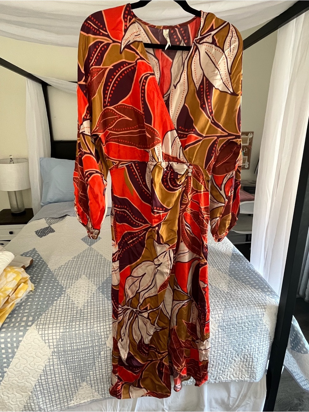 Anthropologie Red & Brown Leaf-Print Maxi Wrap Dress